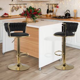 Set of 2 Velvet Bar Stools, Counter Height Stools with Low Back, Gold Swivel Bar Chairs for Kitchen Island, Bar (Color: Black)